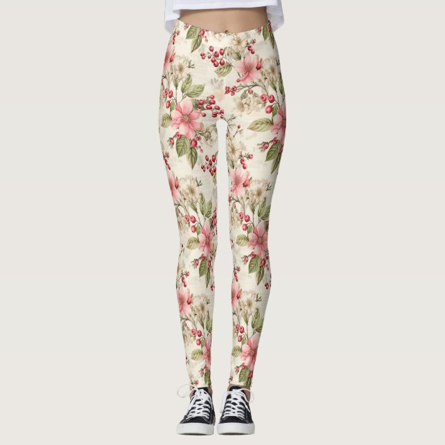 Leggings Poinsettias rosas, blancas, verdes y bayas rojas (Anverso)
