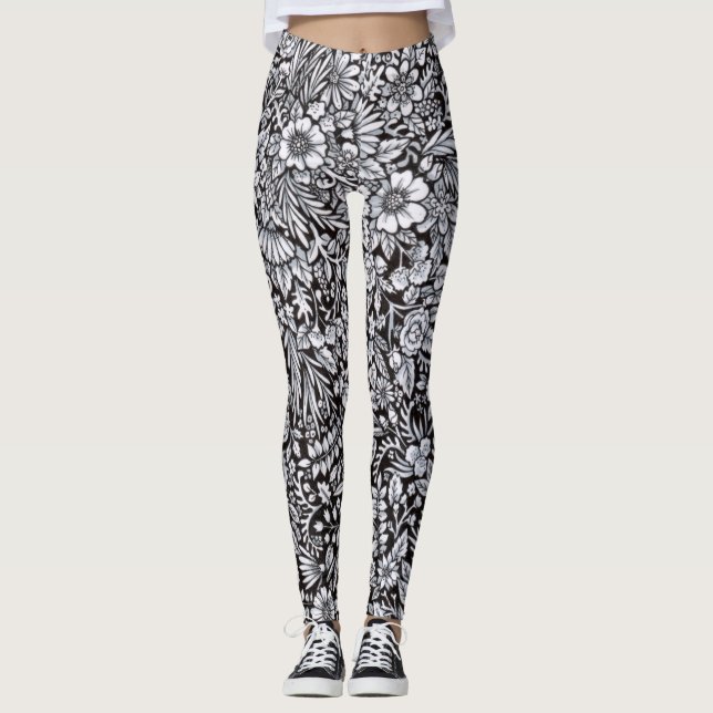 Leggings Polainas blancos y negros del campo de flor (Anverso)