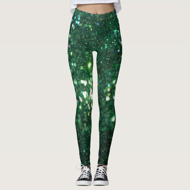 Leggings Polainas de la impresión del purpurina del verde (Anverso)