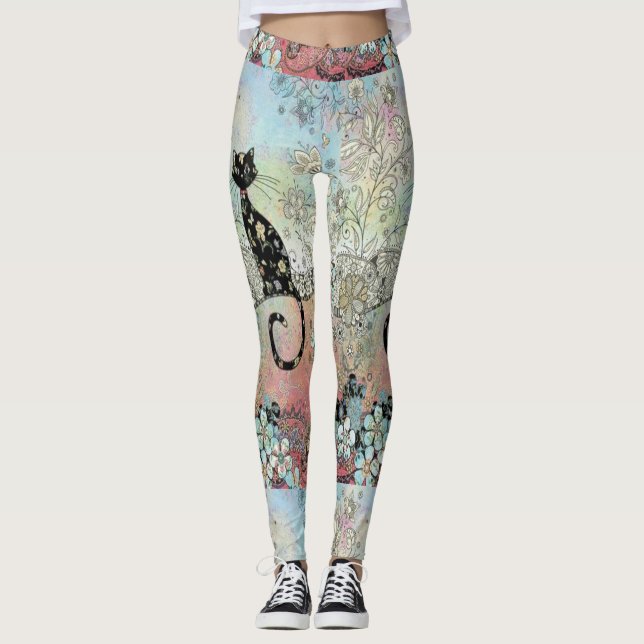 Leggings Polainas florales de la silueta del gato de (Anverso)