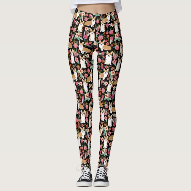Leggings Polainas florales del Corgi - negro (Anverso)