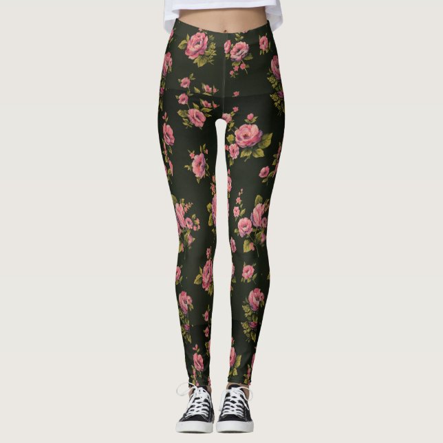 Leggings Polainas negras de la impresión floral (Anverso)