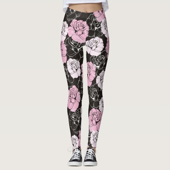 Leggings Polainas negras rosadas de la flor blanca (Anverso)