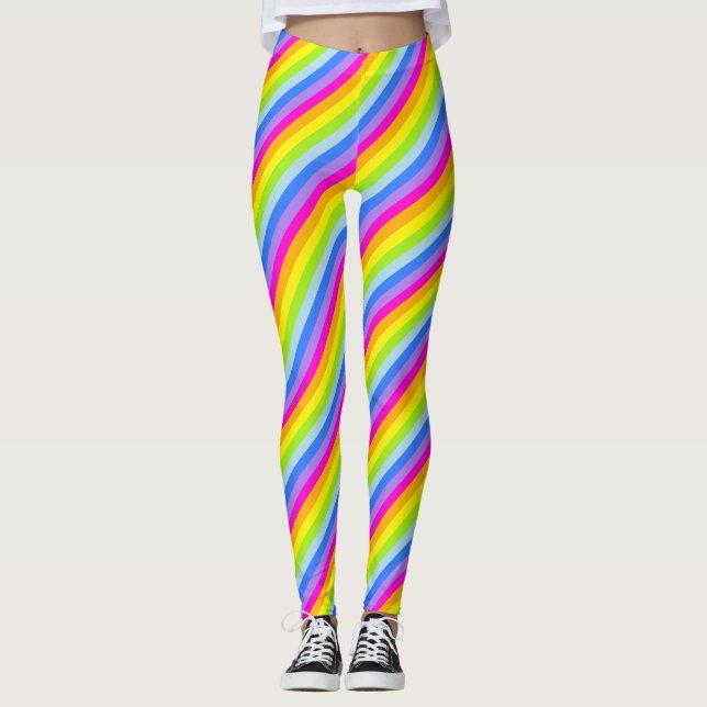 Leggings Polainas rayadas del arco iris rosado brillante (Anverso)