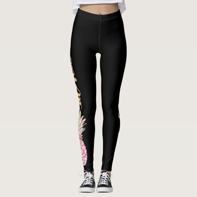 Leggings Polainas rosadas retras de la piña de la hawaiana (Anverso)