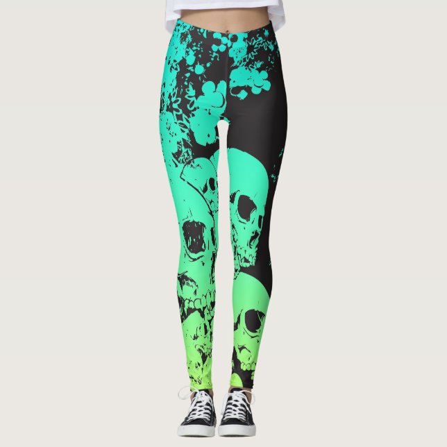 Leggings Polainas verde azuladas/verdes de los cráneos (Anverso)