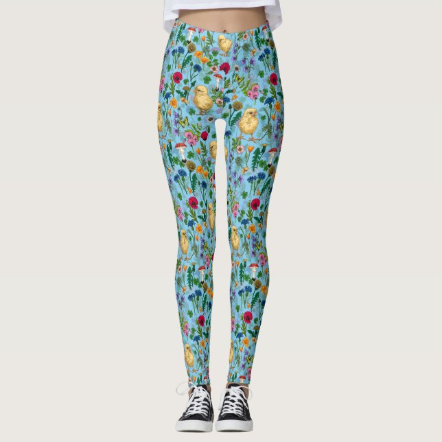 Leggings Pollos y flores silvestres en azul bebé (Anverso)
