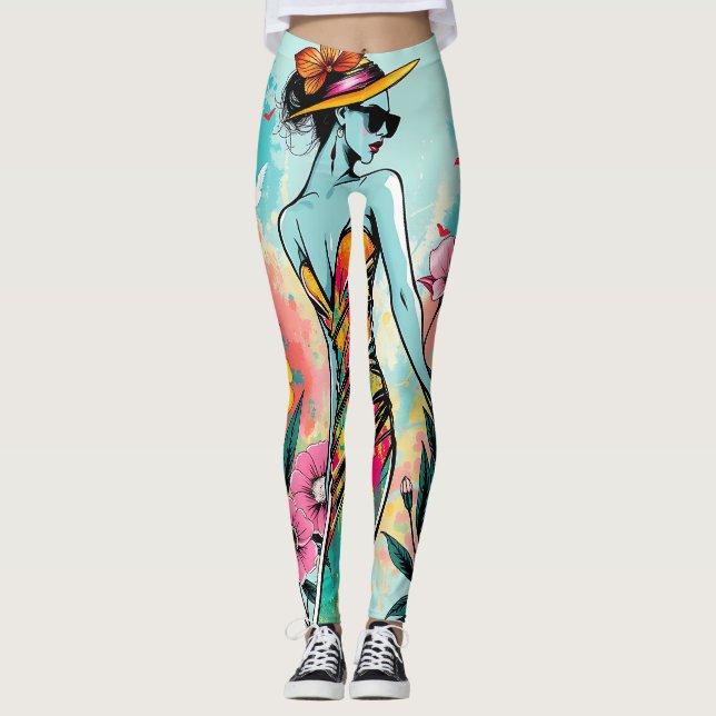 Leggings Pop Art Fashion Girl | Edgy Summer Floral Yoga (Anverso)