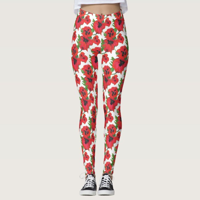 Leggings Poppies orientales rojos y negros sobre blanco per (Anverso)