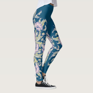 Leggings Poppies rosa claro sobre azul oscuro, botánico, fl
