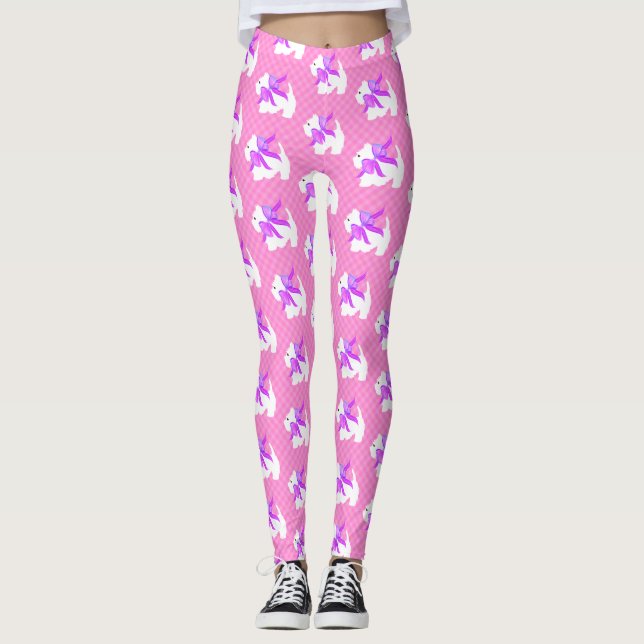Leggings Popular cheque rosado de perro blanco lindo (Anverso)