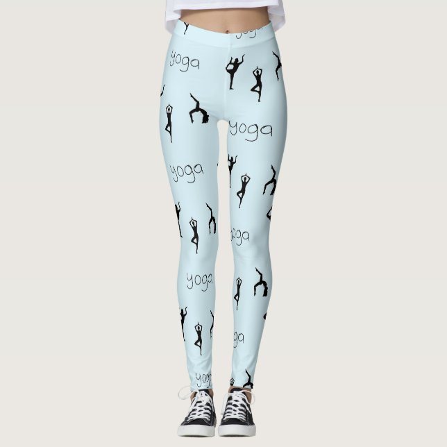 Leggings Posturas de yoga y patrón de texto en azul (Anverso)