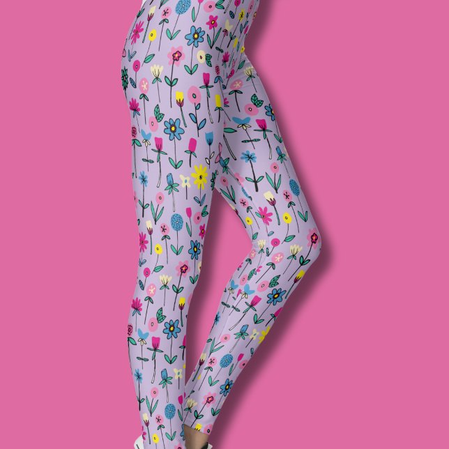 Leggings Pradera caprichosa de flores silvestres de lila (lilac wildflower hand drawn floral flower garden leggings)