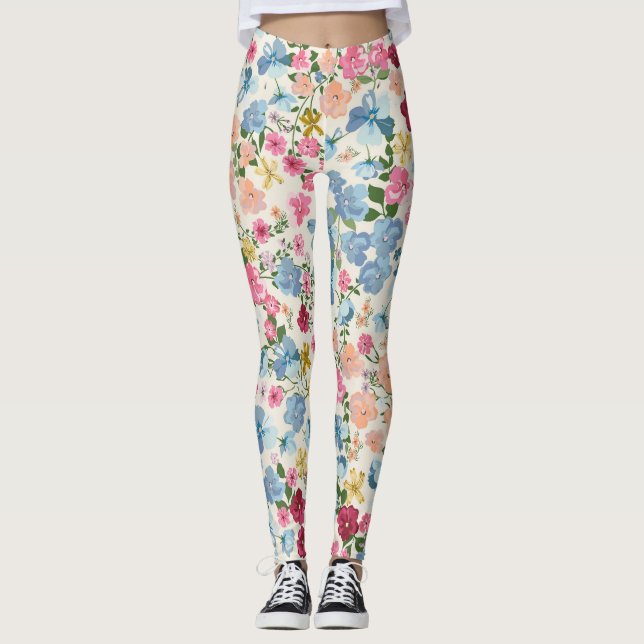 Leggings Prado de verano medio, patrón de planta florecient (Anverso)