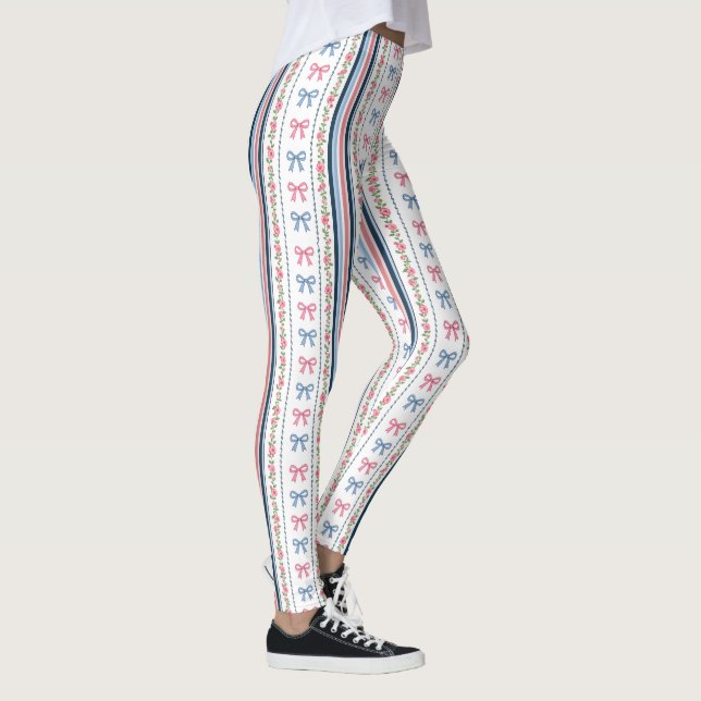 Leggings Preppy Pink Blue Coquette Bows Stripes Trendy (Derecha)