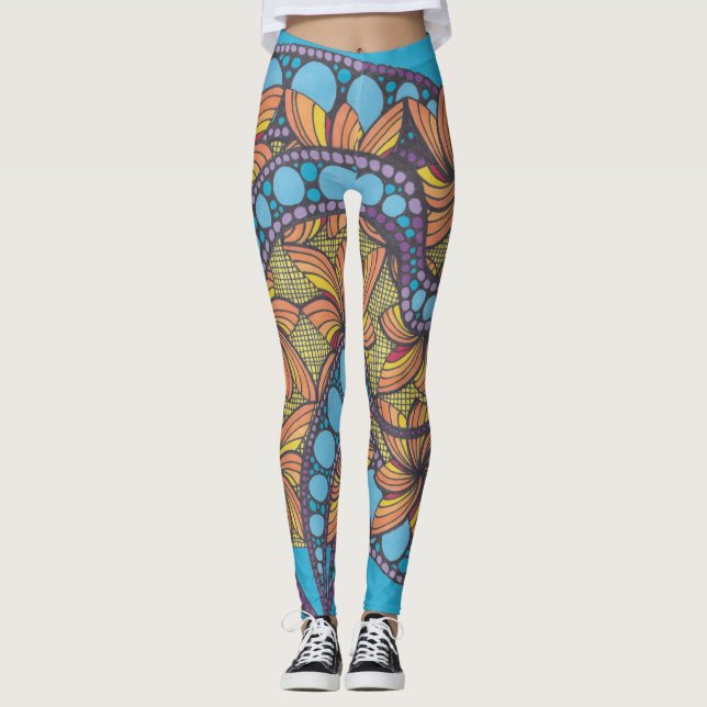 Leggings Psicodelia, doodle art, boho, diseño abstracto (Anverso)