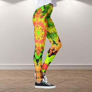 Leggings Psychedelic Hippie Flower Green Orange and Red