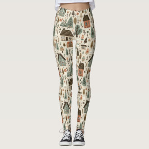 Leggings Pueblo caprichoso con cabañas y árboles