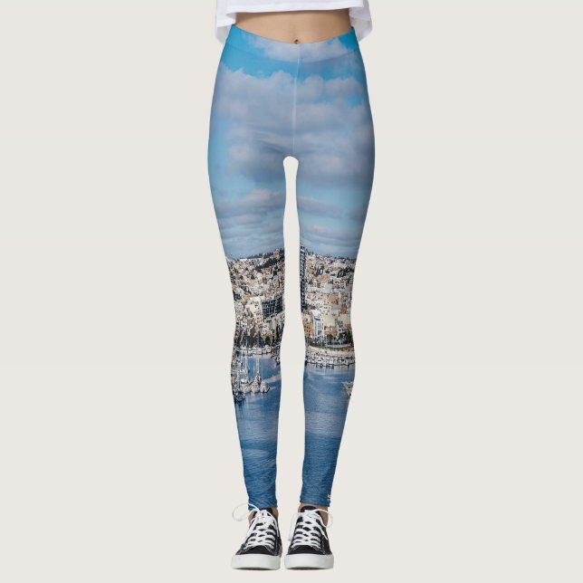 Leggings Puerto de Sliema con edificios modernos y barcos (Anverso)