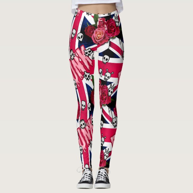 Leggings Punk rosa se desmorona con Emojis y Rosas (Anverso)