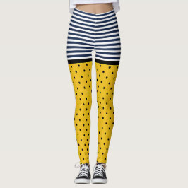 Leggings Puntos de polka amarillos y negros, rayas blancas 