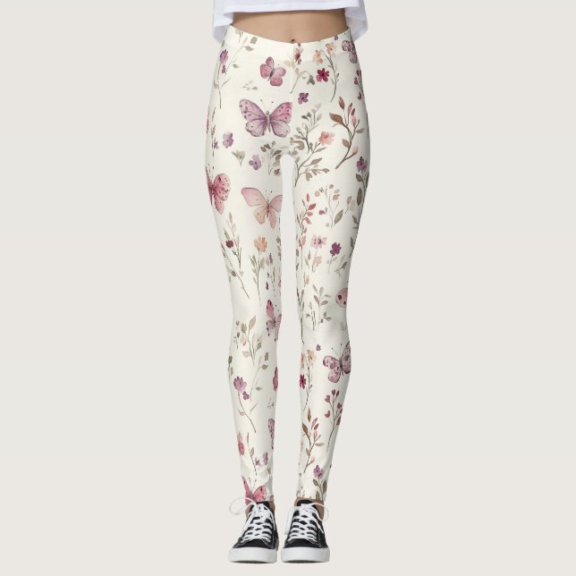 Leggings Purple Cream Butterflies Floral (Anverso)
