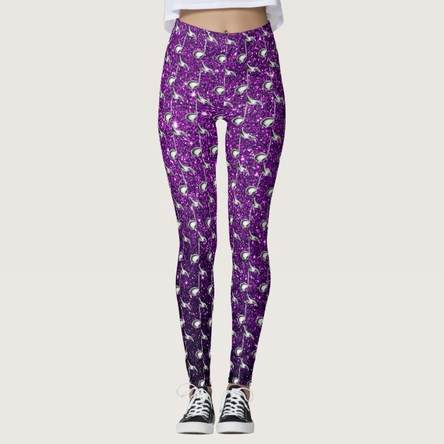 Leggings Purple Faux Purpurina Silver Music Notes (Anverso)