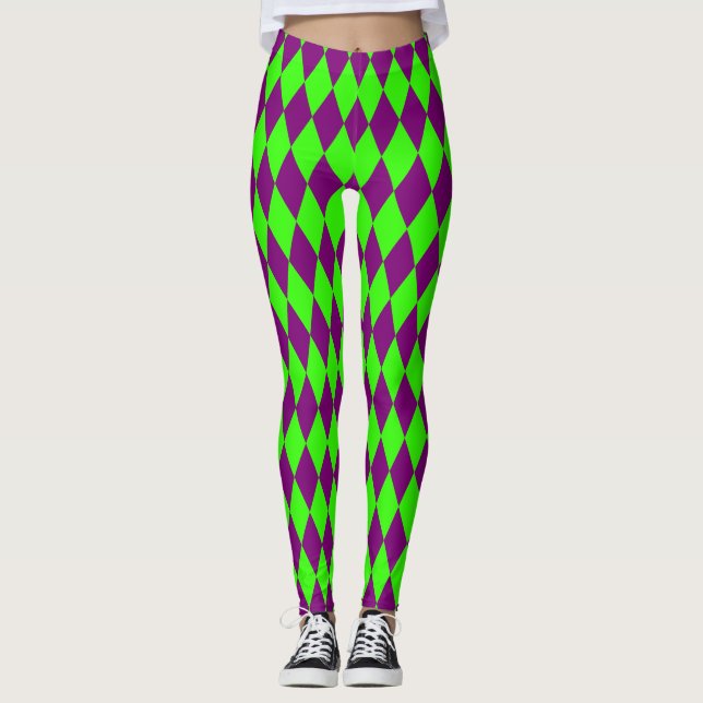 Leggings Purple Green Harlequin Checkered Design  (Anverso)