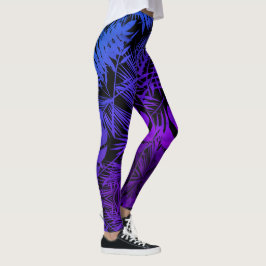 Leggings Púrpura azul oscuro hojas tropicales de palma moda