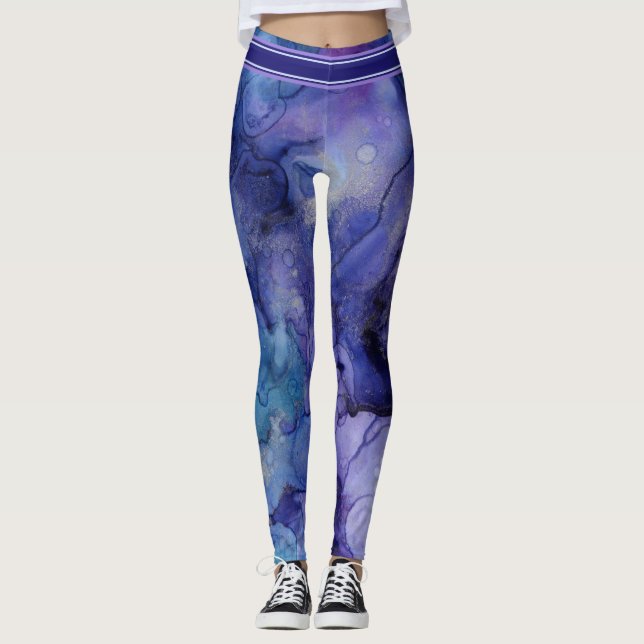 Leggings Púrpura, lavanda, acuarela azul y acuática (Anverso)