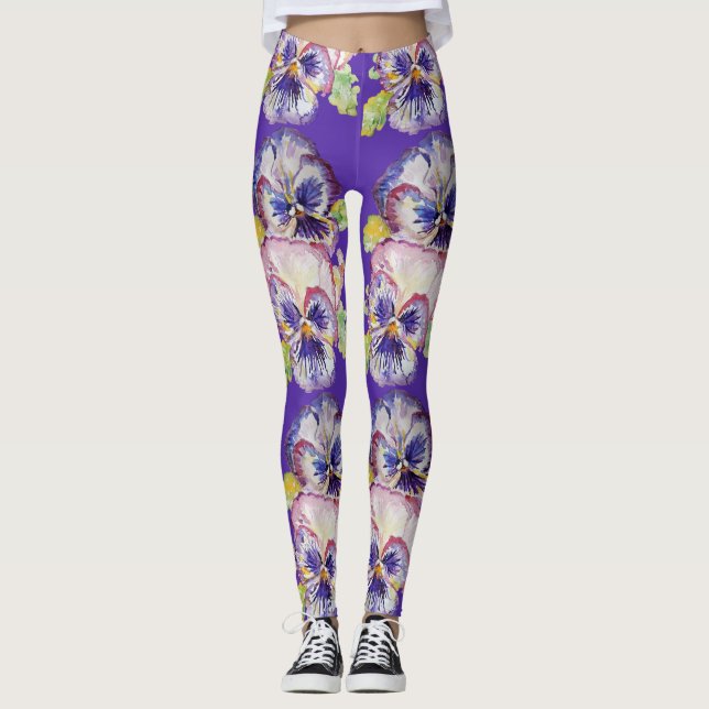Leggings Púrpura Pansia Gloriosa Flor Floral Leyenda (Anverso)
