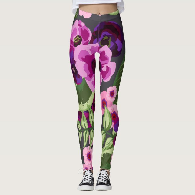 Leggings Púrpura, Rosa, Piernas Florales Verdes (Anverso)