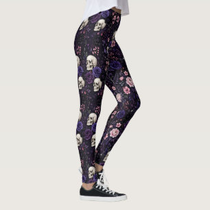 Leggings Púrpura Rosa y Negro Góthico Floral con Calaveras