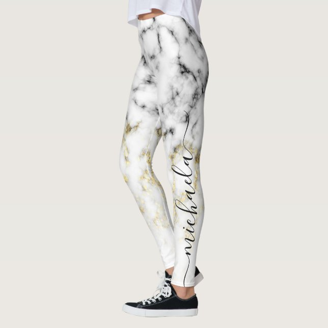 Leggings Purpurina brillante de oro de mármol blanco negro  (Izquierda)