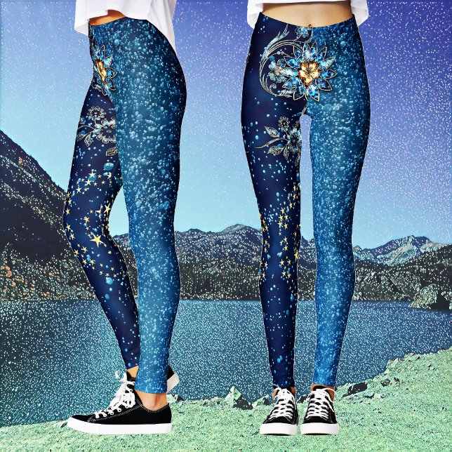 Leggings Purpurina de Año Nuevo esparcido azul Fiesta flora (Blue Sparkling New Year Glitter Stars Floral Party Leggings)