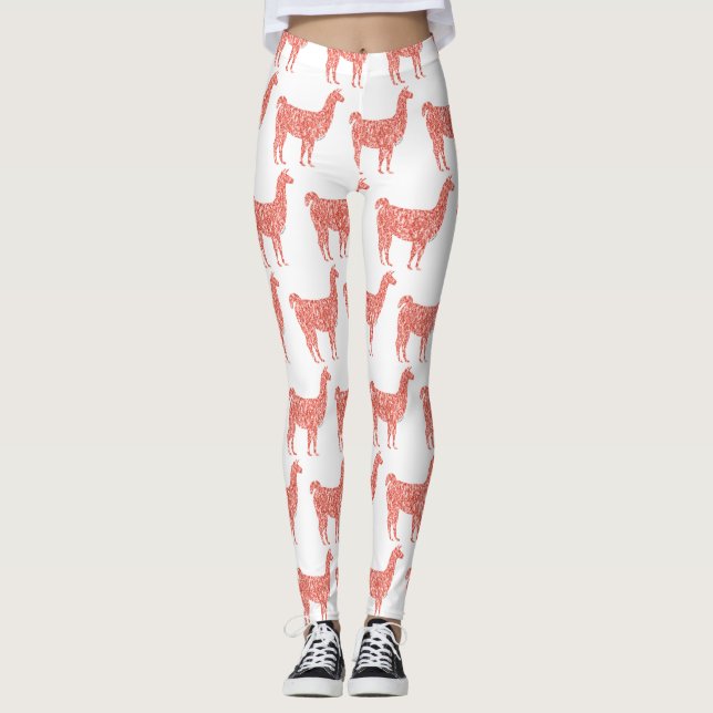 Leggings Purpurina de coral rosa de Llama Patrón de espárra (Anverso)