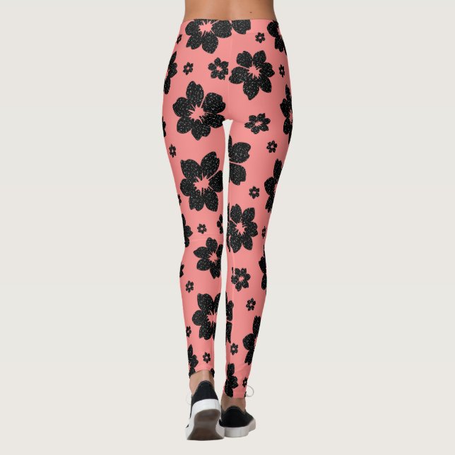 Leggings Purpurina de diamantes de flores rosadas y negras (Reverso)