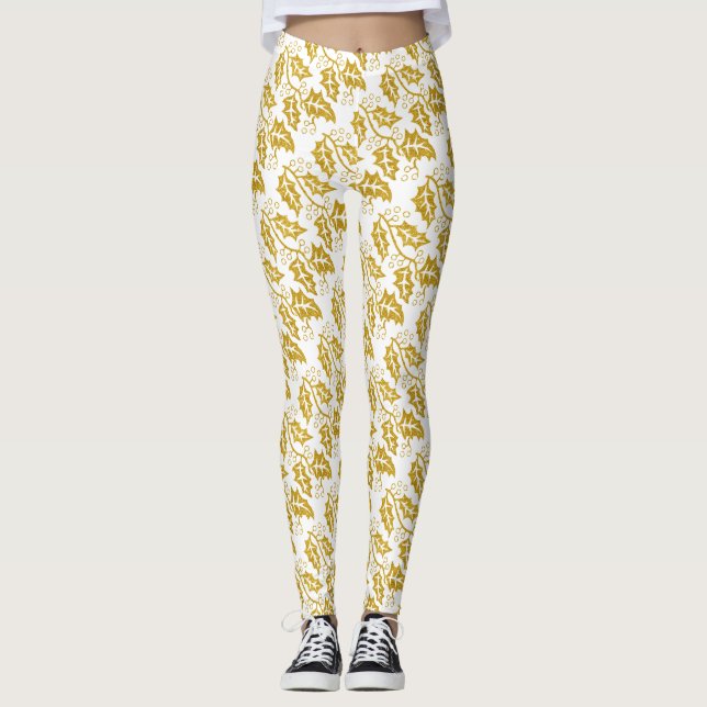 Leggings Purpurina de oro holly berry vacaciones de Navidad (Anverso)