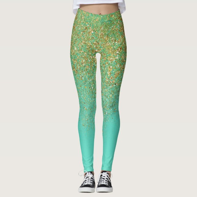 Leggings Purpurina de oro y Verde azulado Aqua Glam Sparkle (Anverso)