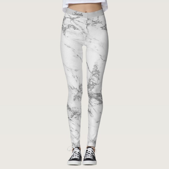 Leggings Purpurina plateado de lujo Marble Añadir texto (Anverso)