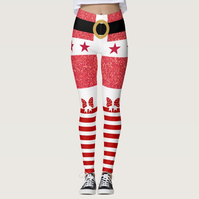Leggings Purpurina Rojo y franjas blancas Stars Santa Navid (Anverso)