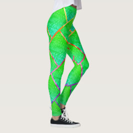 Leggings Quadrados verde azulado, linhas de três cores.
