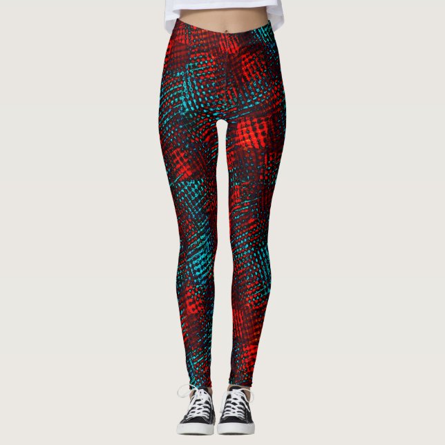 Leggings Quadriculados riscados em vermelho e azul claro. (Anverso)