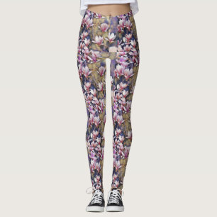 Leggings Rama de magnolia rosa acuarela color púrpura fondo