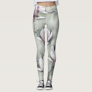 Leggings Rama de magnolia rosa dibujando fondo negro gris