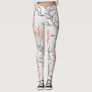 Leggings Ramas de coral y olas del océano en acuarela elega