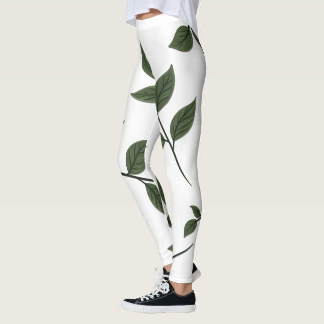 Leggings Ramas de follaje con hojas verdes sobre blanco (Izquierda)