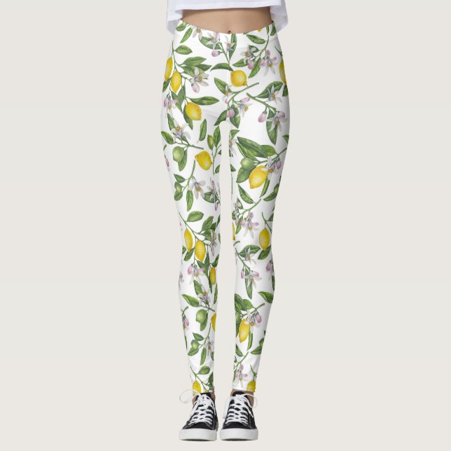 Leggings Ramas de limón con flores y fruta en blanco (Anverso)