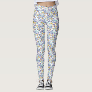 Leggings Ramos coloridos de flores retro sobre blanco
