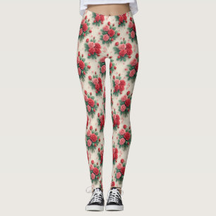 Leggings Ramos de rosas rosadas y rojas elegantes